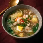 Bowl of Thai Glass Noodle Soup garnished with herbs and spices