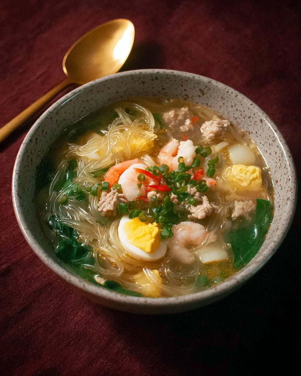 Bowl of Thai Glass Noodle Soup garnished with herbs and spices