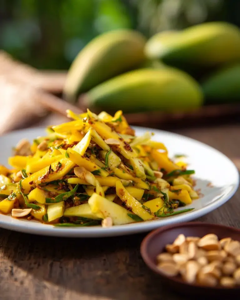 A vibrant bowl of Thai Green Mango Salad with fresh ingredients and colorful presentation.