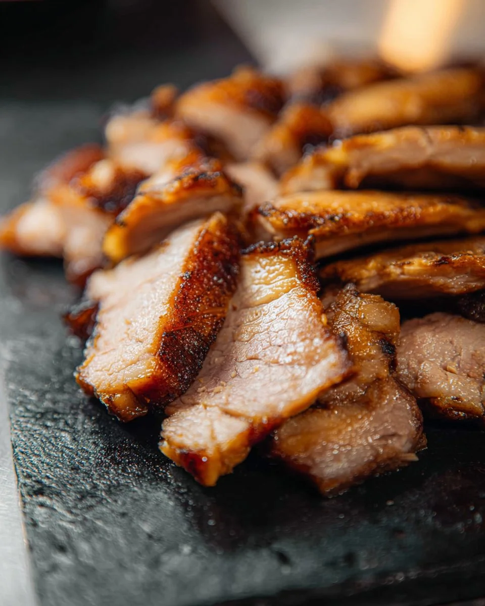 Delicious Thai grilled pork neck served with dipping sauce and herbs