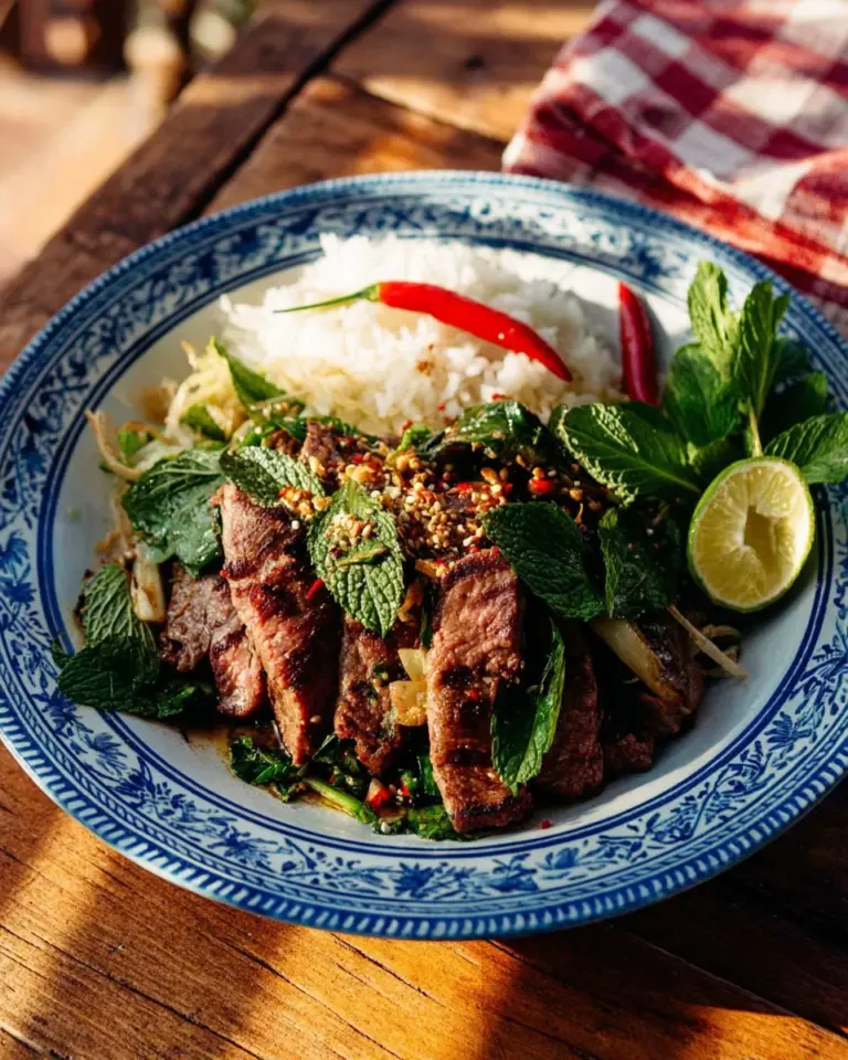 Delicious Waterfall Beef Salad with grilled steak and fresh vegetables