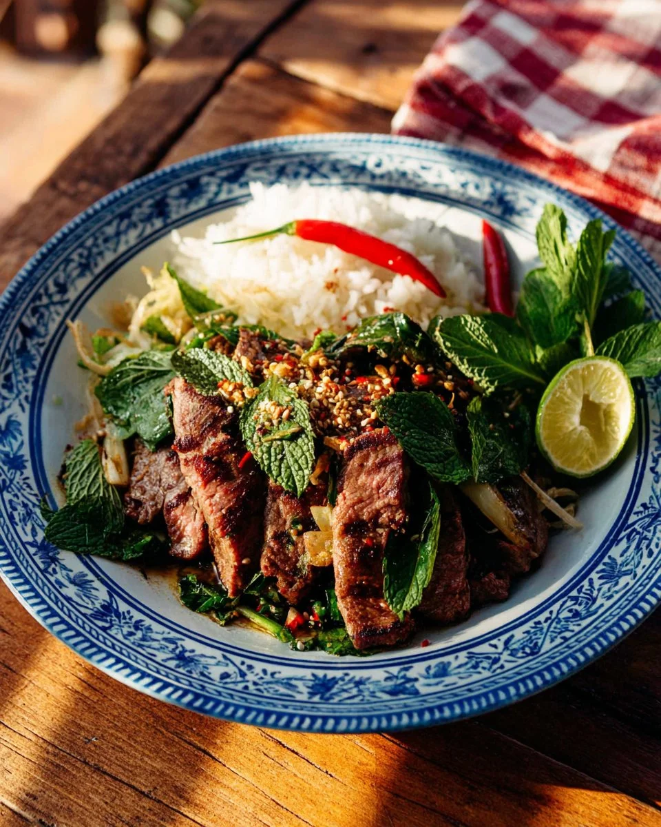 Delicious Waterfall Beef Salad with grilled steak and fresh vegetables