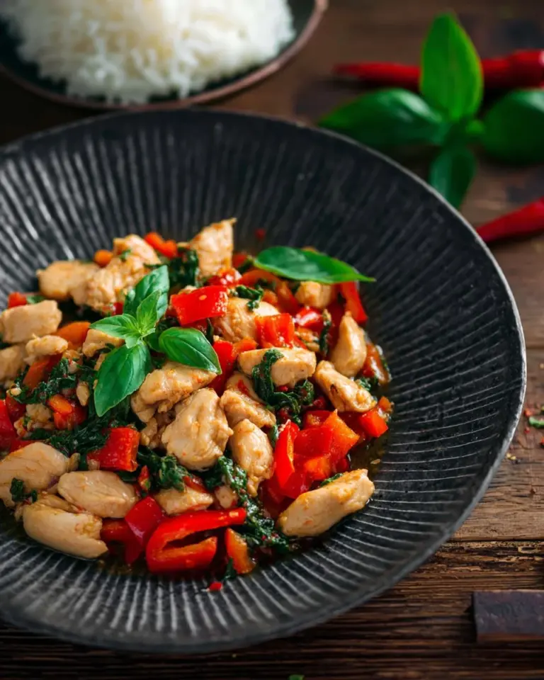 Plate of Thai Holy Basil Chicken with vibrant vegetables and fresh herbs