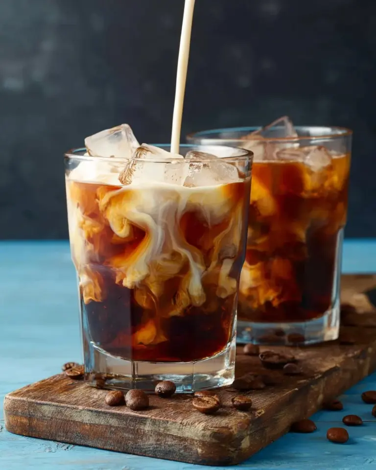 A glass of Thai Iced Coffee with creamy milk and ice, served on a wooden table.