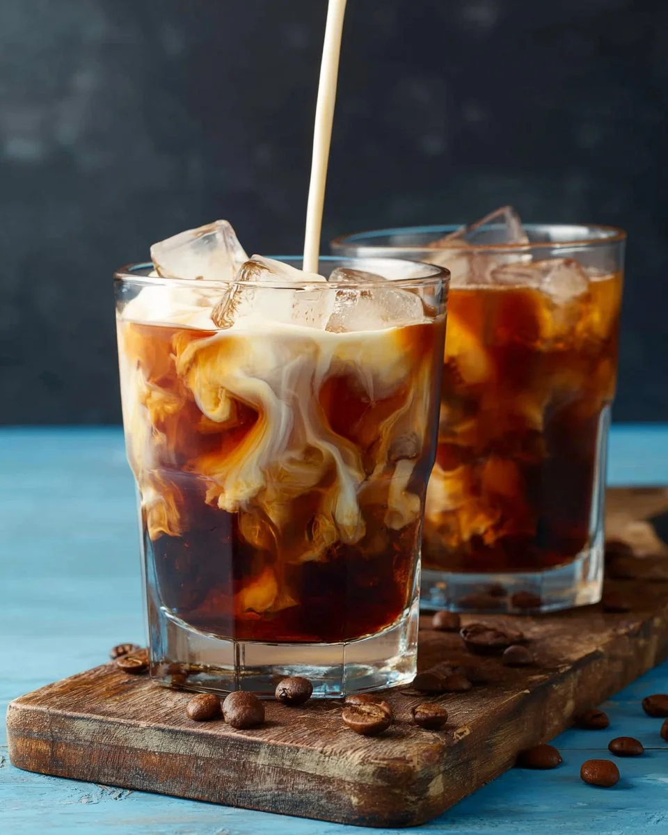 A glass of Thai Iced Coffee with creamy milk and ice, served on a wooden table.