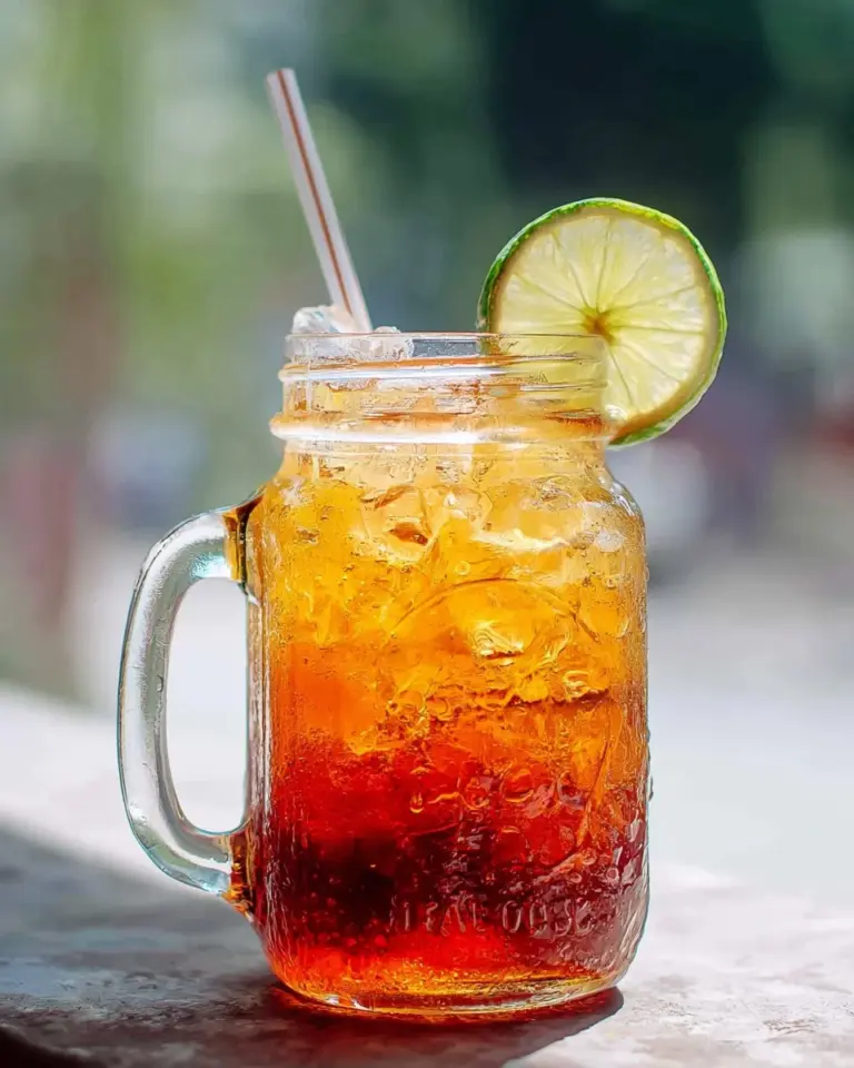 A refreshing glass of Thai Lime Tea with lime slices and mint leaves