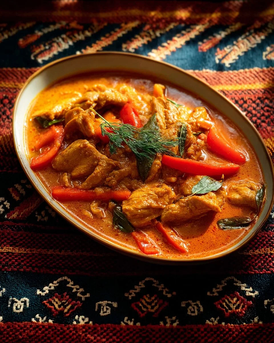 Container of Thai Panang curry paste with fresh herbs and spices