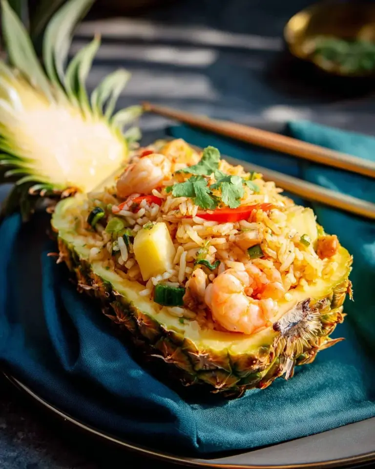 Delicious Thai Pineapple Fried Rice served in a pineapple shell.