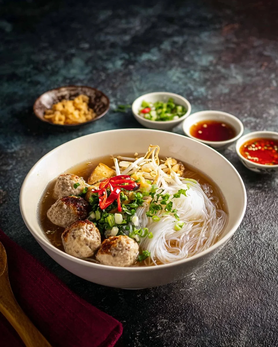 Bowl of Thai Pork Bone Noodle Soup with tender pork and fresh herbs
