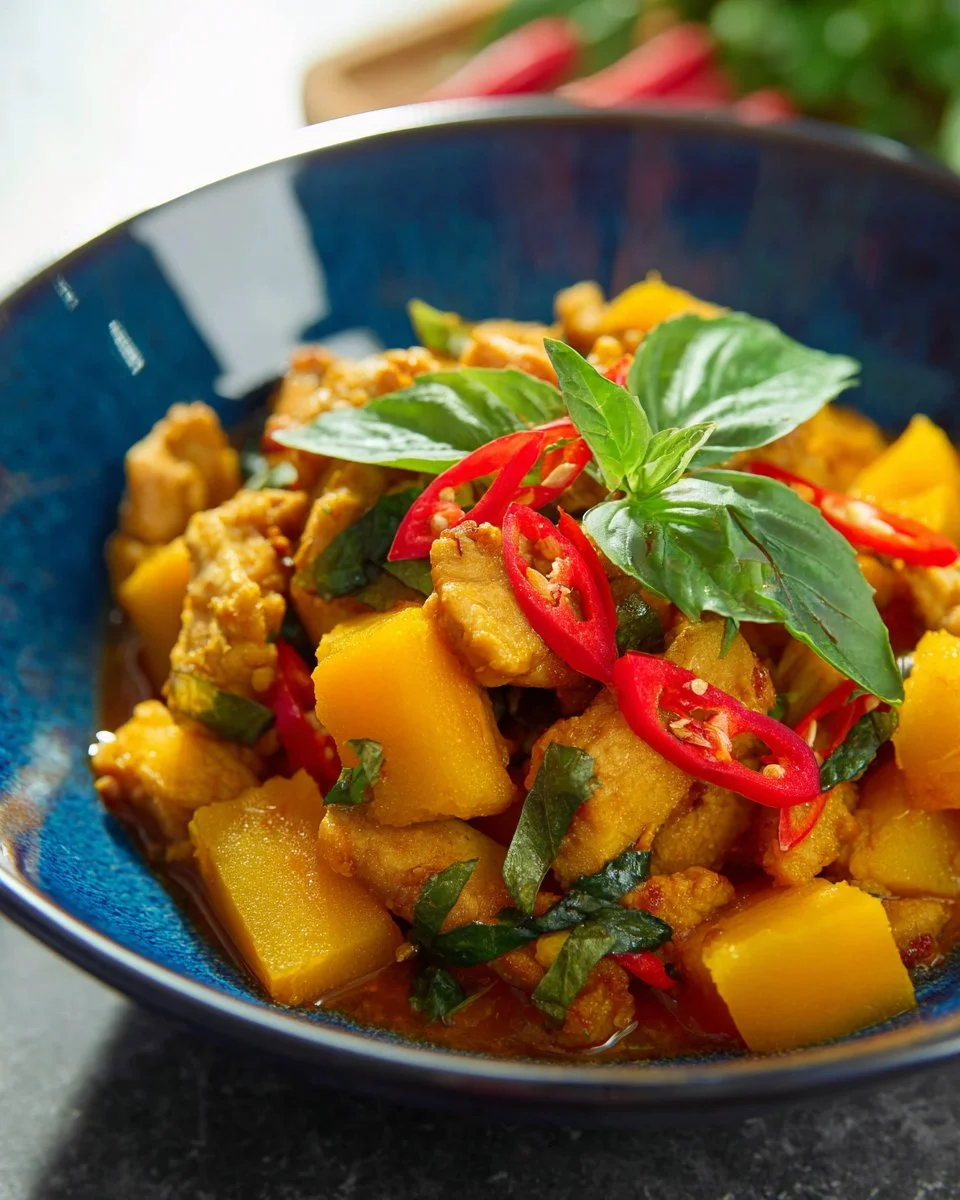 Delicious Thai Red Curry with Pumpkin and Pork garnished with fresh herbs