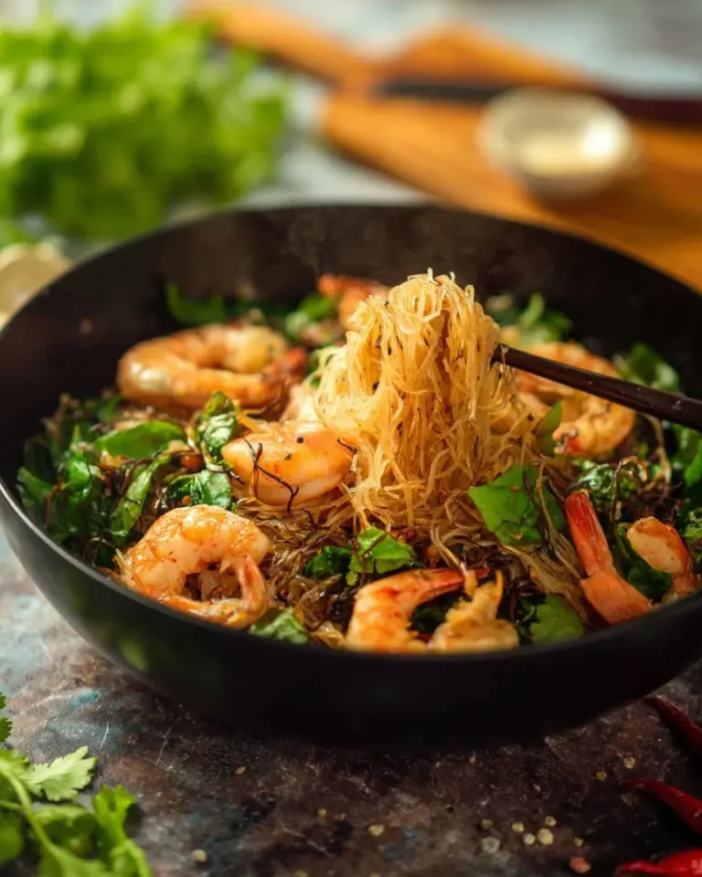 Plate of Thai shrimp with glass noodles, garnished for a tasty meal