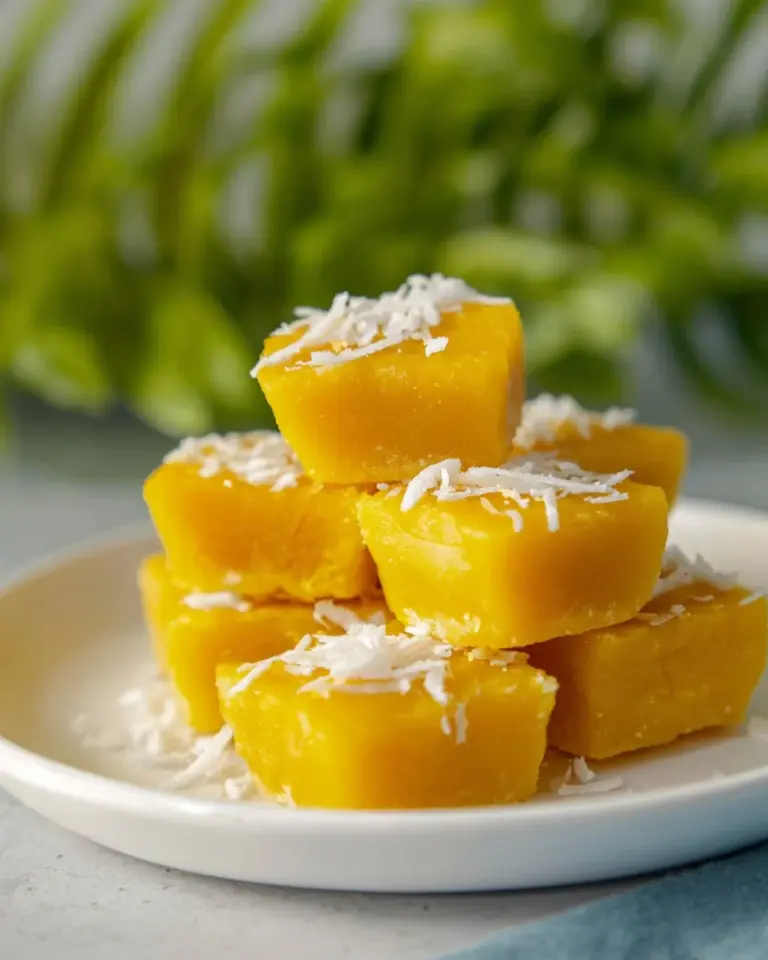 Delicious Thai steamed pumpkin cake served on a plate with a garnish.