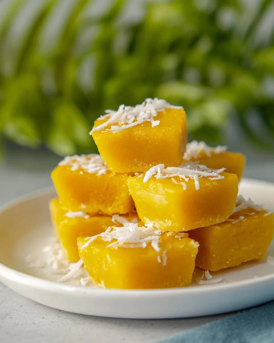 Delicious Thai steamed pumpkin cake served on a plate with a garnish.