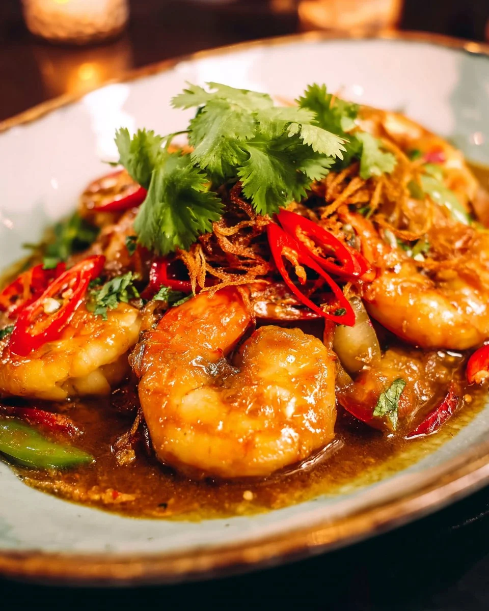 Plate of Thai Tamarind Shrimp garnished with herbs and served with rice.