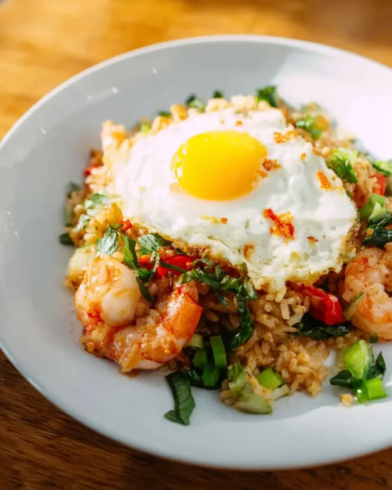 Delicious Thai Tom Yum Fried Rice garnished with herbs and lime