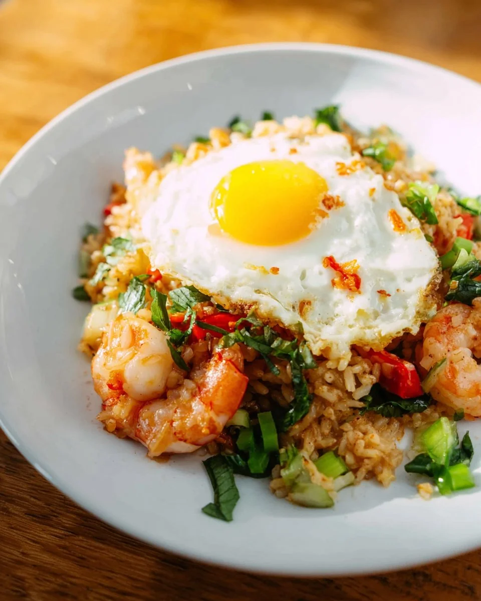 Delicious Thai Tom Yum Fried Rice garnished with herbs and lime