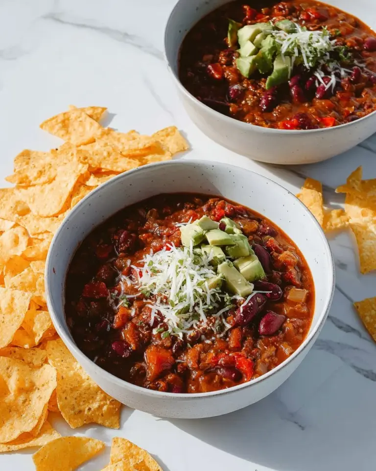 Bowl of the best lentil chili topped with herbs and spices