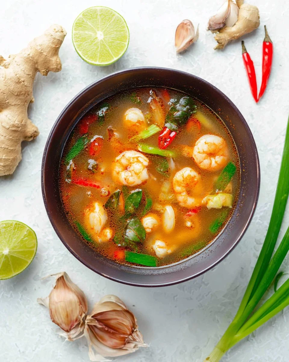 Bowl of Tom Yum Goong, a spicy Thai shrimp soup with fresh herbs and lime.
