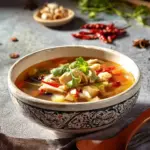 A bowl of Tom Yum Soup with Chicken Wings garnished with herbs and spices.