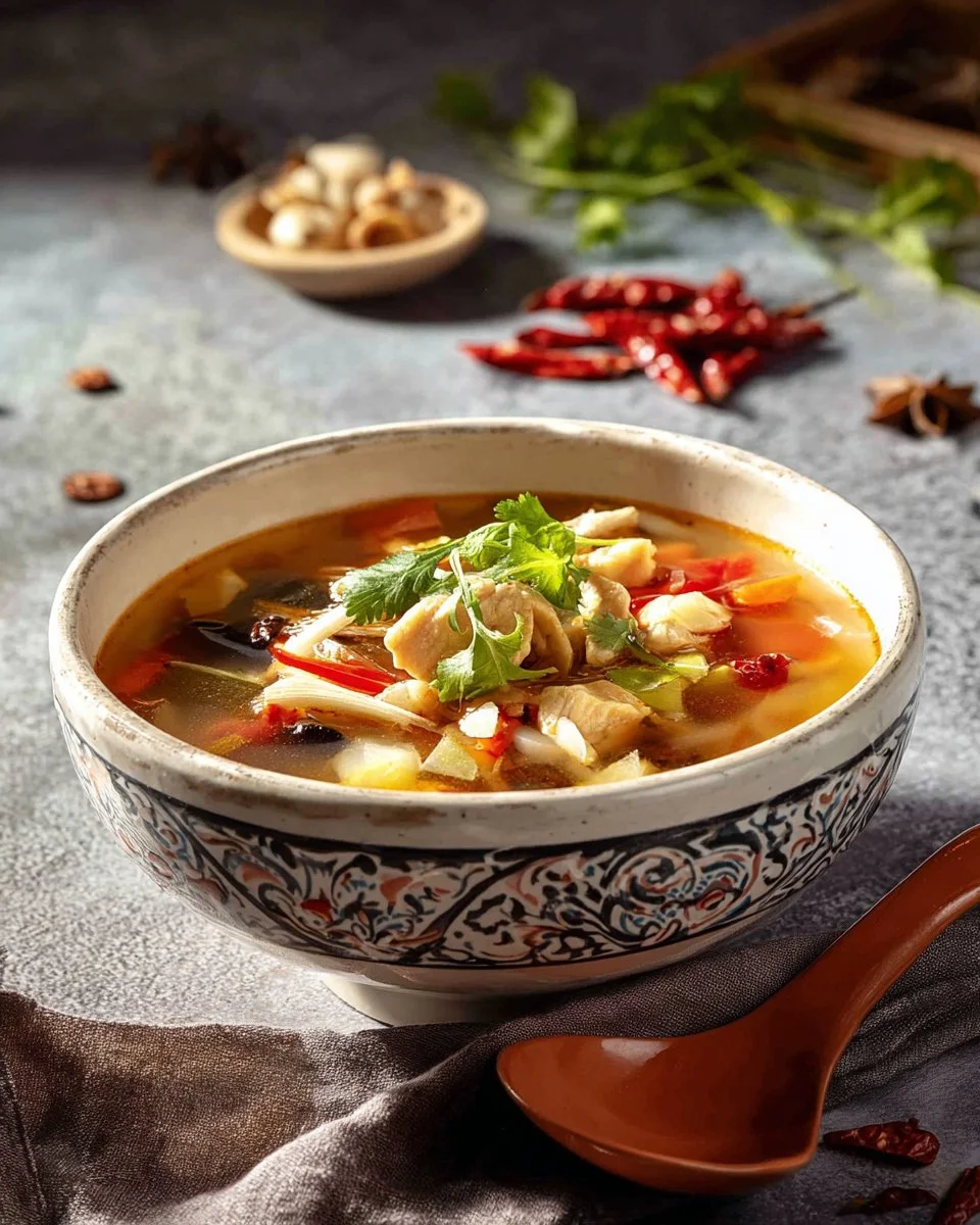 A bowl of Tom Yum Soup with Chicken Wings garnished with herbs and spices.