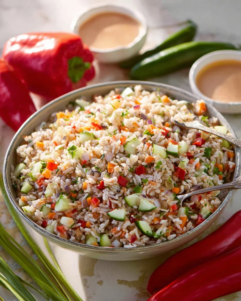 A vibrant Tuna Rice Salad filled with fresh vegetables and flavorful dressing.