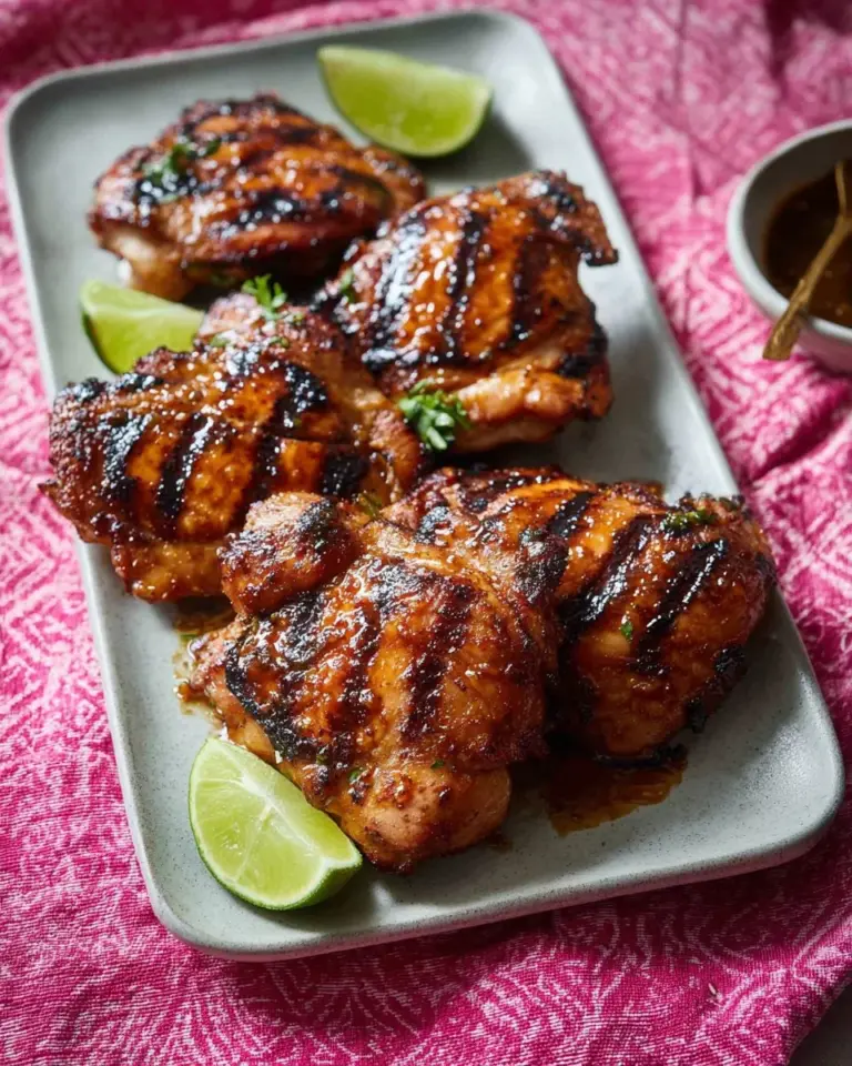 Grilled Thai BBQ Chicken on a platter with fresh herbs and spices