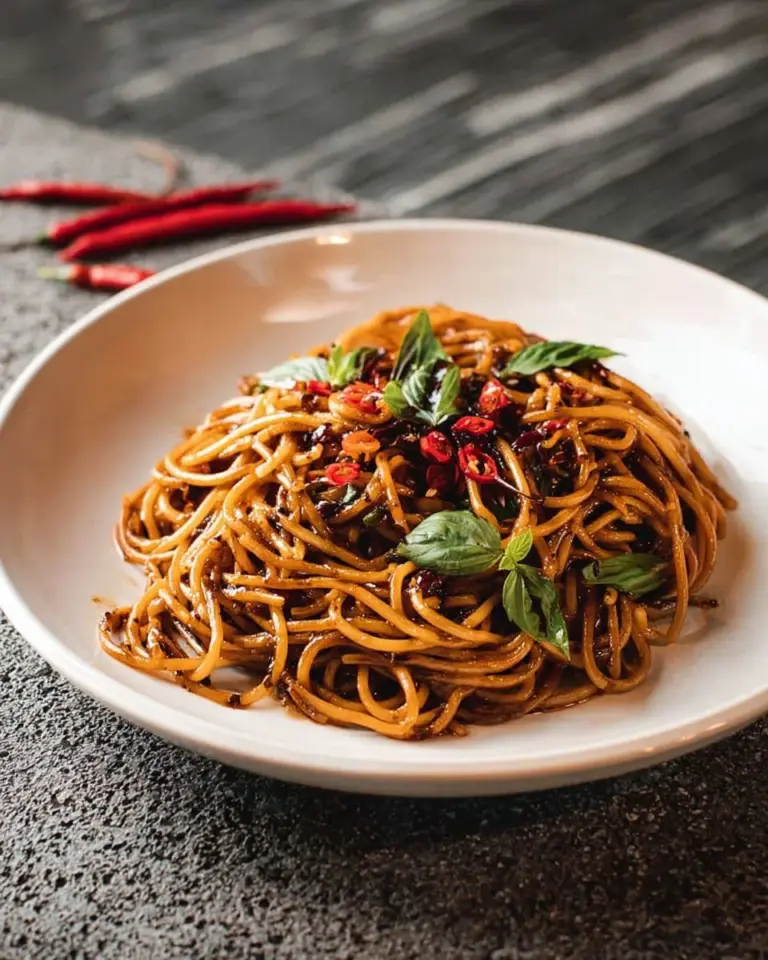 Delicious bowl of Umami Chili Garlic Noodles garnished with herbs.