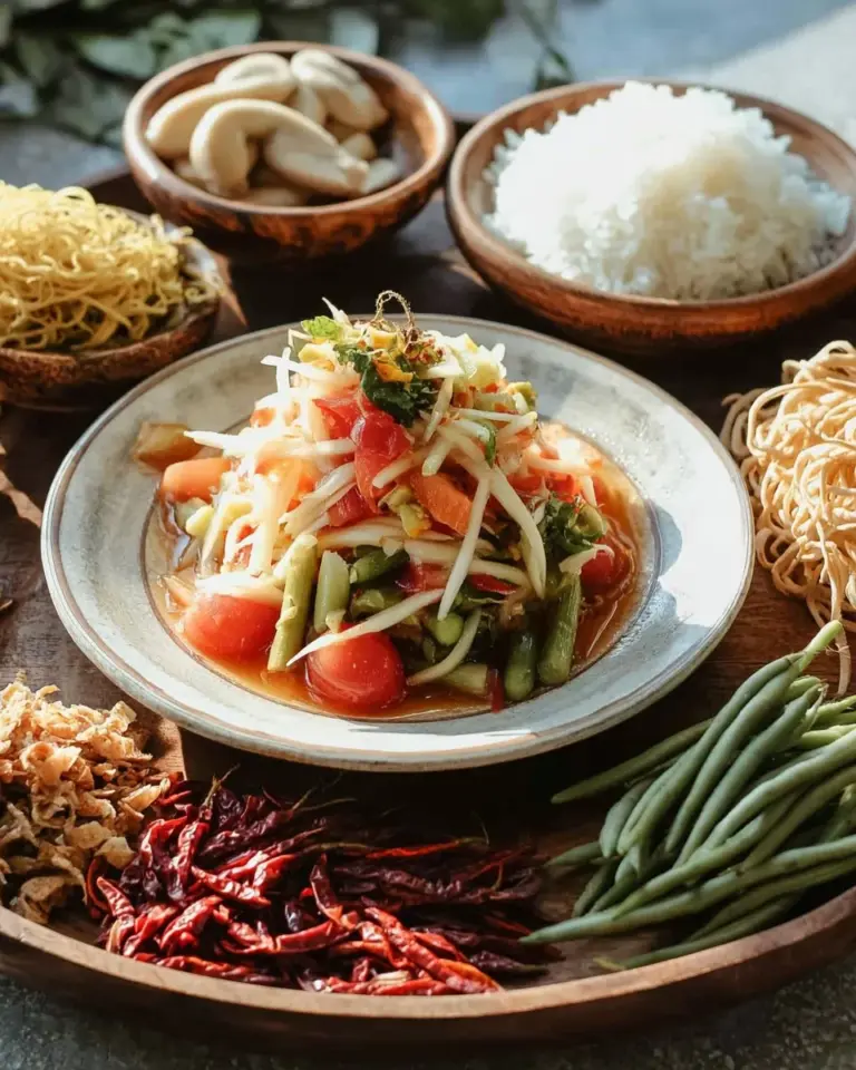 Delicious Umami Thai Green Papaya Salad with fermented fish sauce