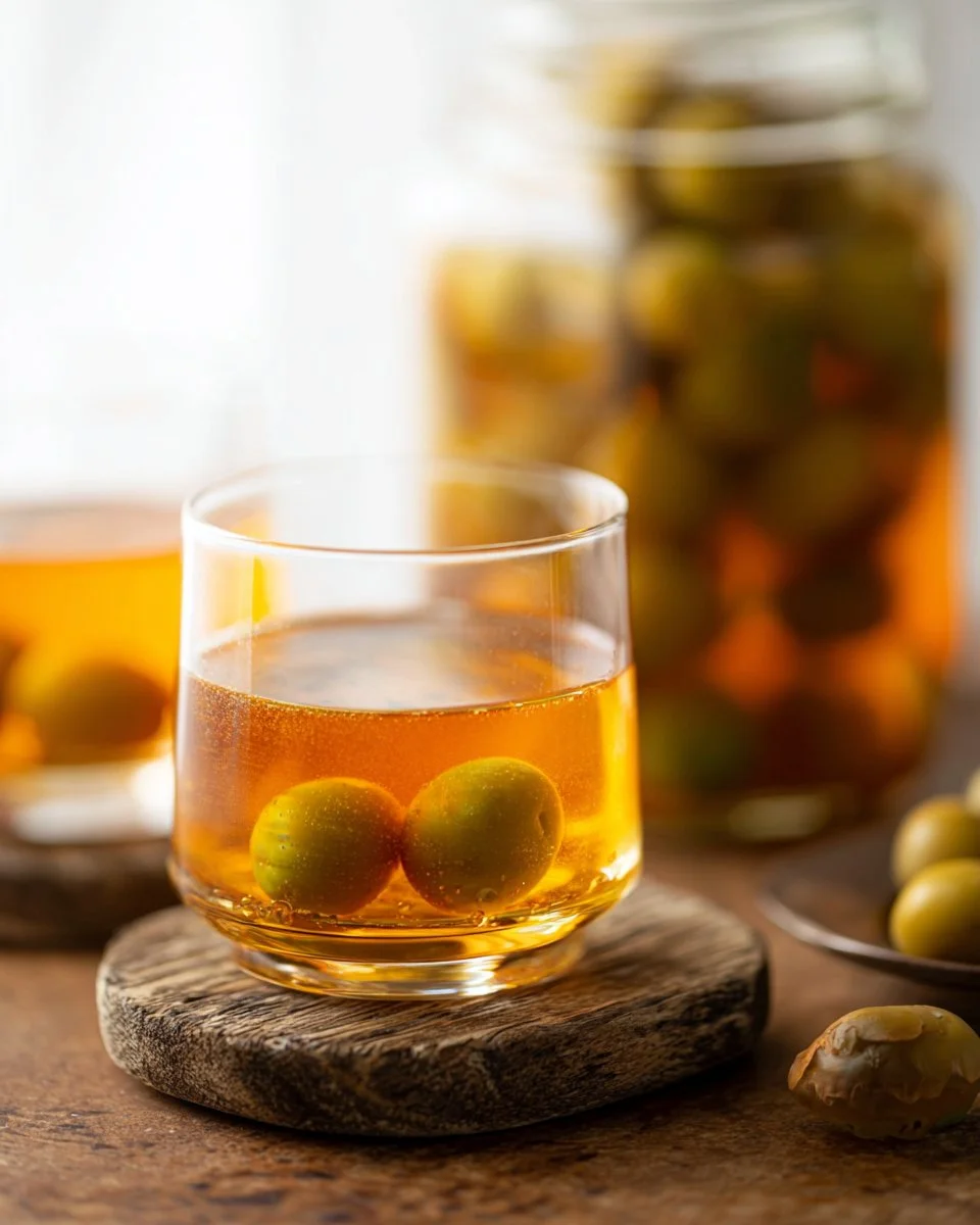 Bottle of Umeshu - Japanese plum wine with fresh plums and sweet aroma