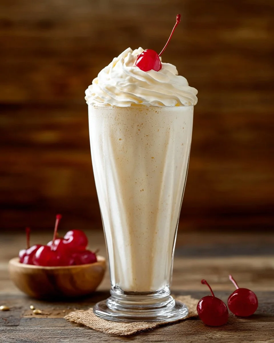 Delicious homemade vanilla milkshake in a glass with whipped cream