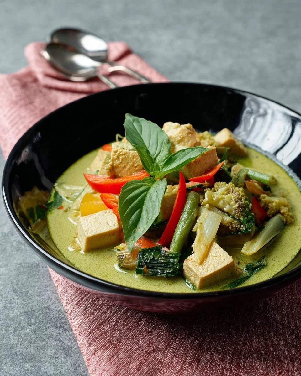 Vegan Thai Green Curry with fresh vegetables and aromatic herbs