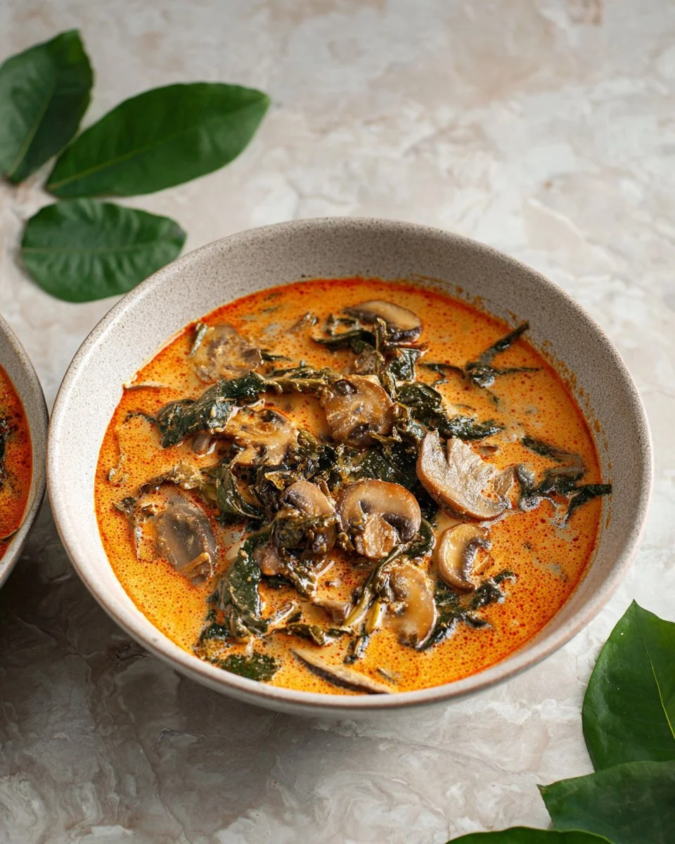 Vegan Thai Red Curry with Mushrooms in a colorful bowl