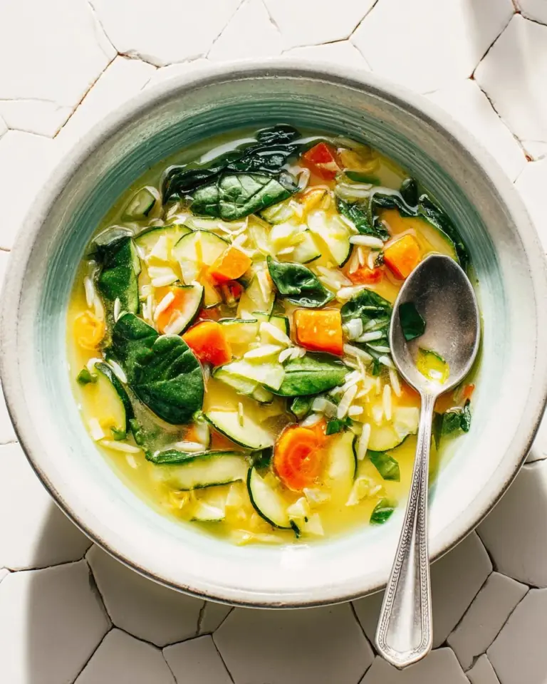 Bowl of homemade Vegetable Orzo Soup with fresh vegetables and orzo pasta.
