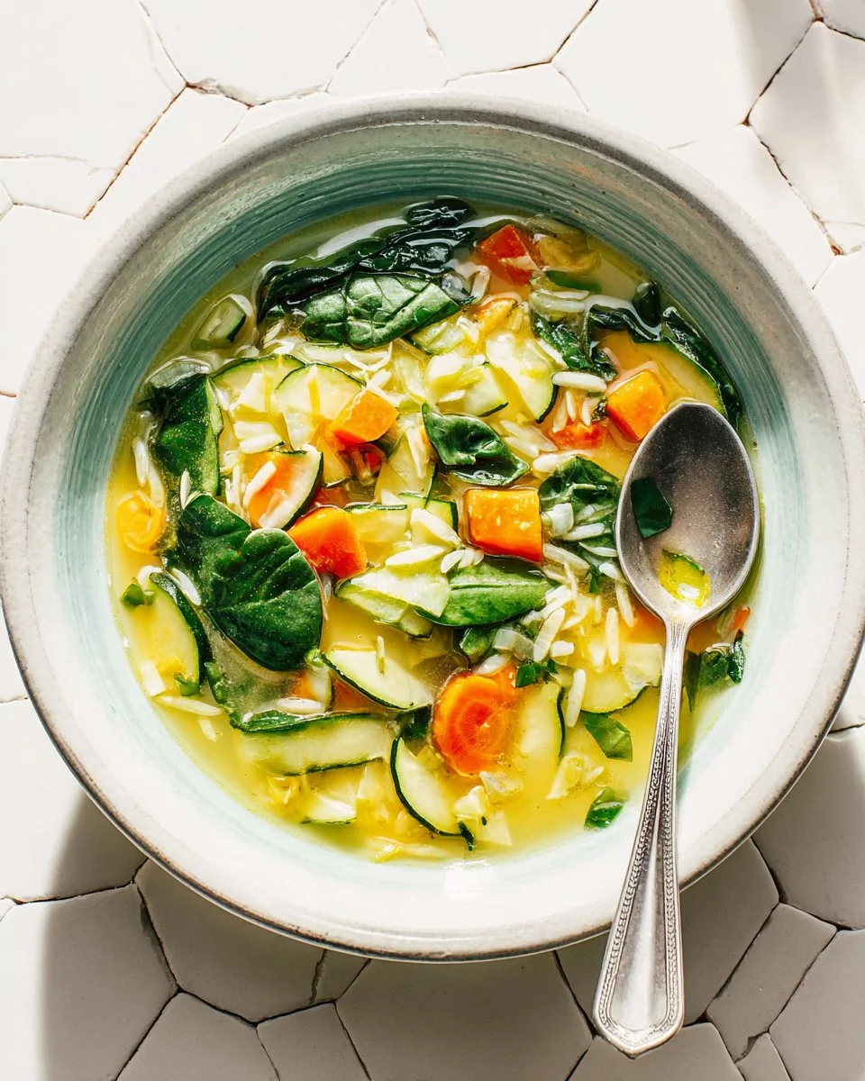 Bowl of homemade Vegetable Orzo Soup with fresh vegetables and orzo pasta.