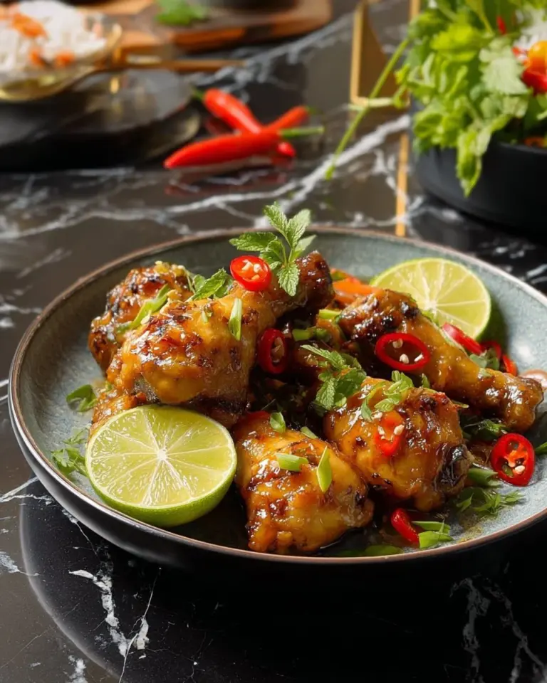 Delicious plate of Vietnamese lemongrass chicken garnished with herbs