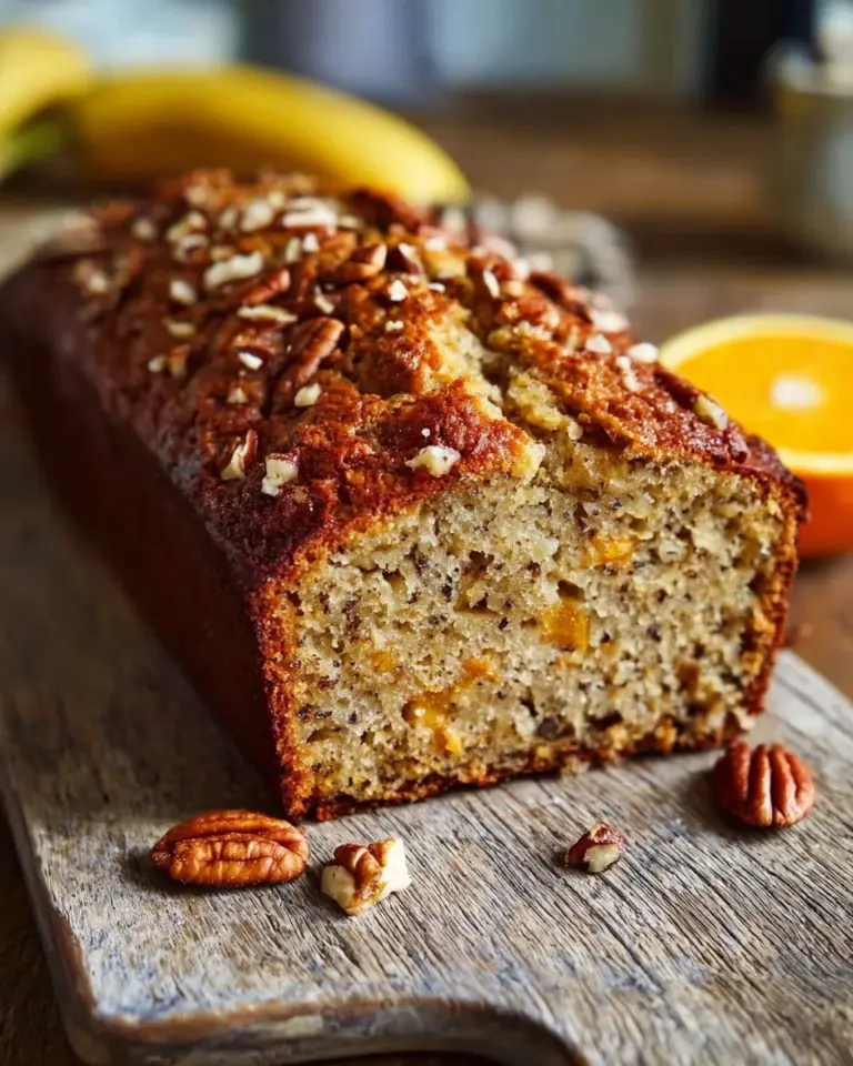 Freshly baked Walnut Banana Orange Bread with nuts and citrus flavors.