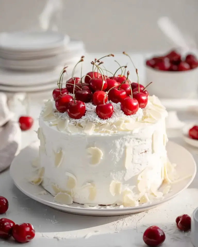 Delicious White Forest Cake with cream and cherries on a white plate
