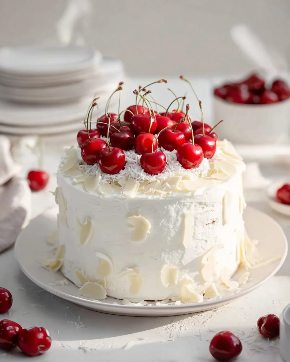 Delicious White Forest Cake with cream and cherries on a white plate