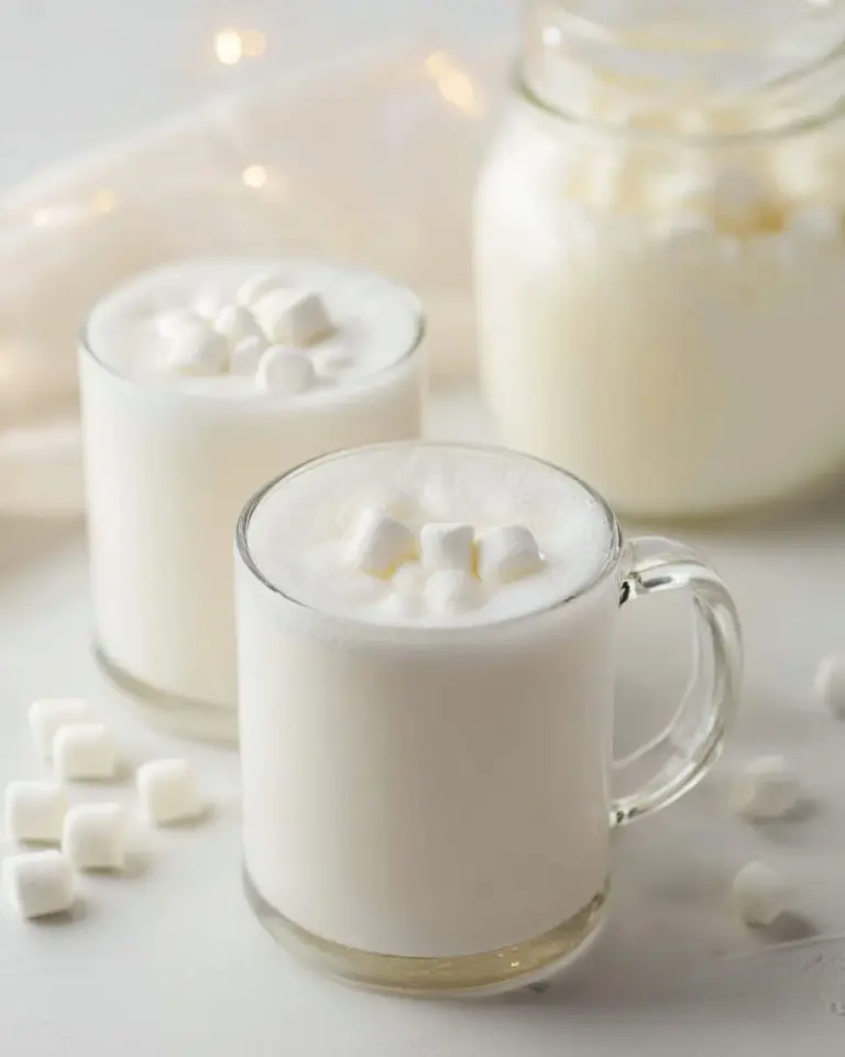 Delicious white hot chocolate mix in a cup topped with whipped cream and sprinkles