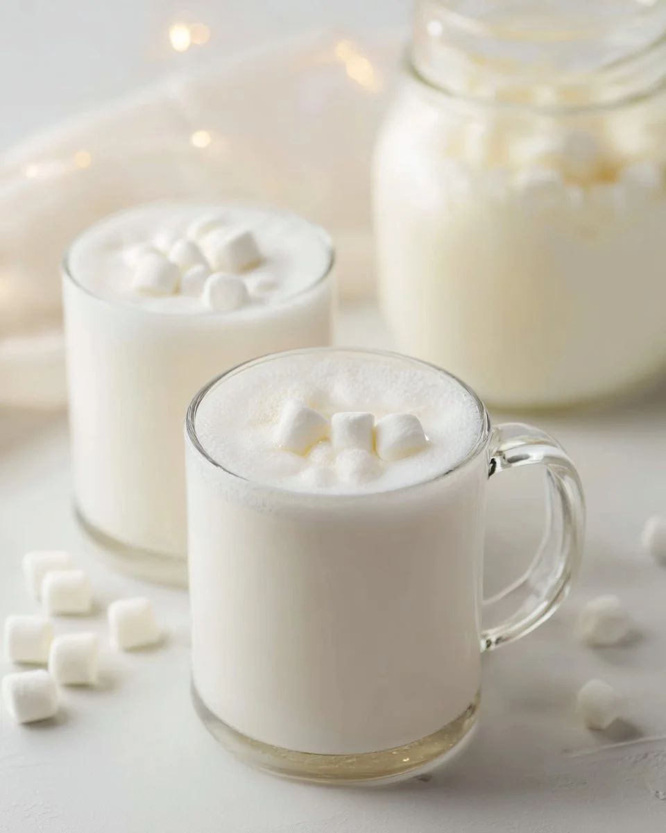 Delicious white hot chocolate mix in a cup topped with whipped cream and sprinkles