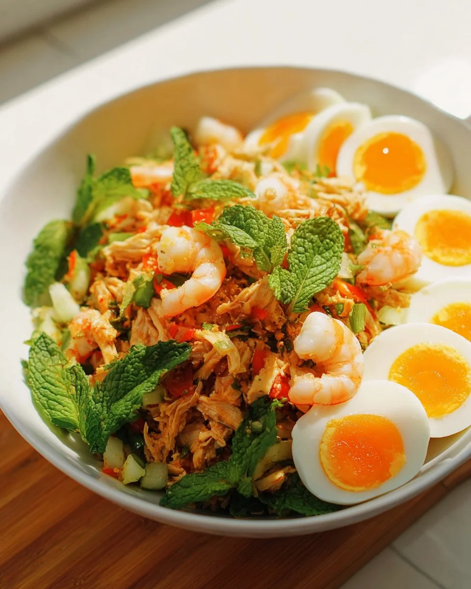 A vibrant Wing Bean Salad with fresh vegetables and herbs in a bowl.