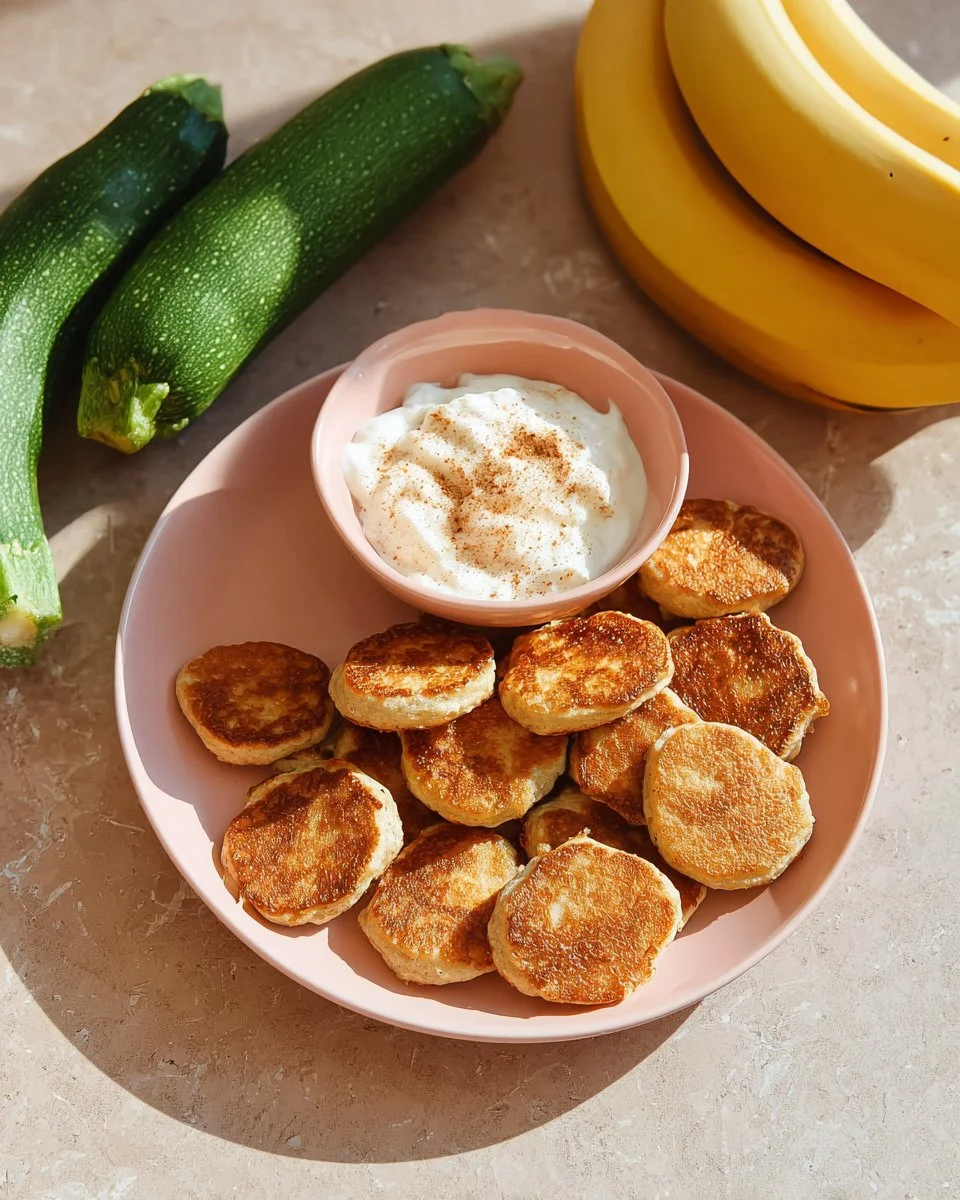Plate of freshly cooked zucchini banana fritters served with dipping sauce