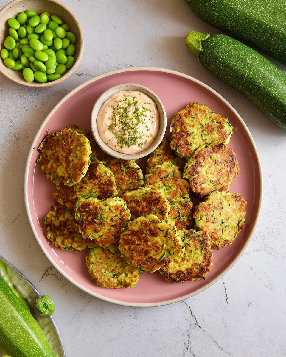 A plate of crispy zucchini edamame fritters garnished with herbs