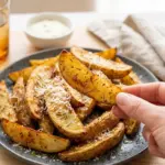 Crispy air fryer potato wedges served in a bowl with dipping sauce