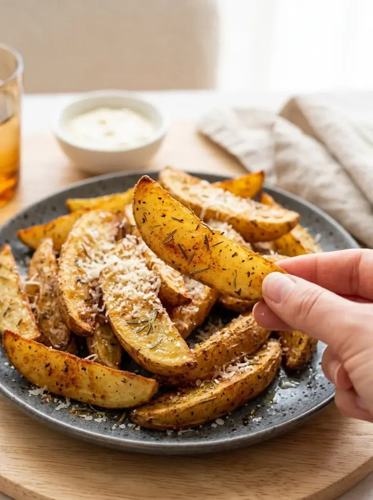 Crispy air fryer potato wedges served in a bowl with dipping sauce