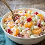 Colorful Ambrosia Salad with fruits, marshmallows, and creamy dressing