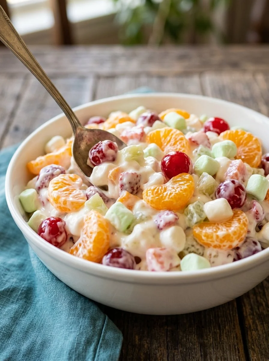 Colorful Ambrosia Salad with fruits, marshmallows, and creamy dressing