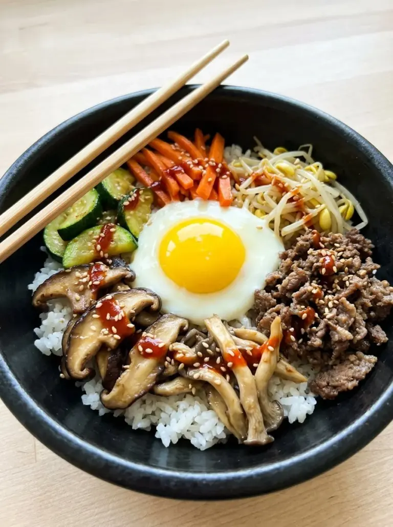 Delicious and vibrant Bibimbap bowl filled with colorful vegetables and proteins
