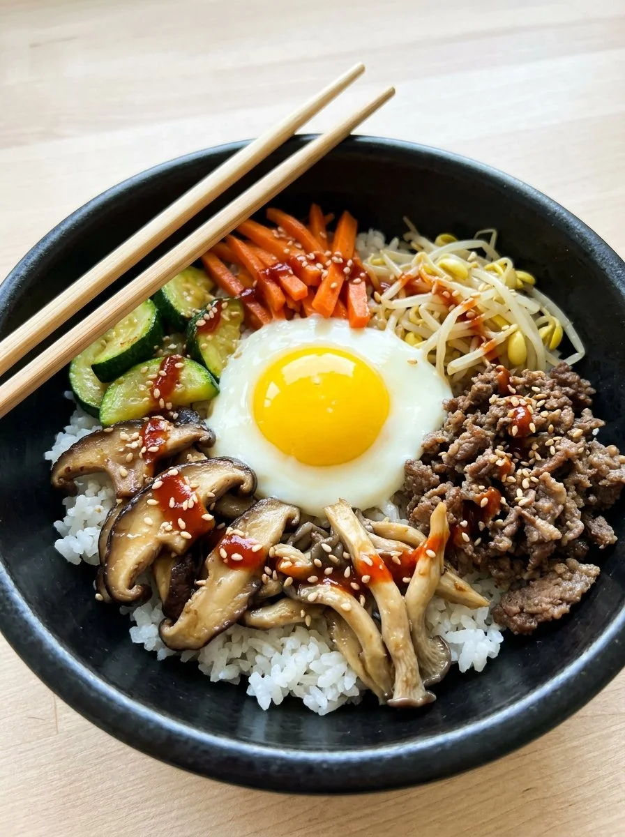Delicious and vibrant Bibimbap bowl filled with colorful vegetables and proteins