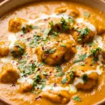 Delicious Butter Chicken served with rice and naan bread in a traditional Indian setting.
